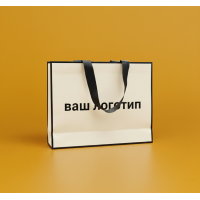 Пакет ламинированный 25х35х9см КРЕМОВЫЙ с кантом атласной лентой и логотипом