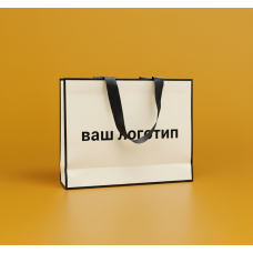 Пакет ламінований 25х35х9см КРЕМОВИЙ з кантом атласною стрічкою та логотипом