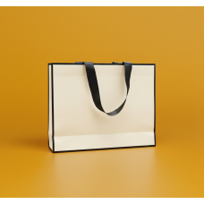 Пакет ламінований 25х35х9см КРЕМОВИЙ з кантом атласною стрічкою та логотипом