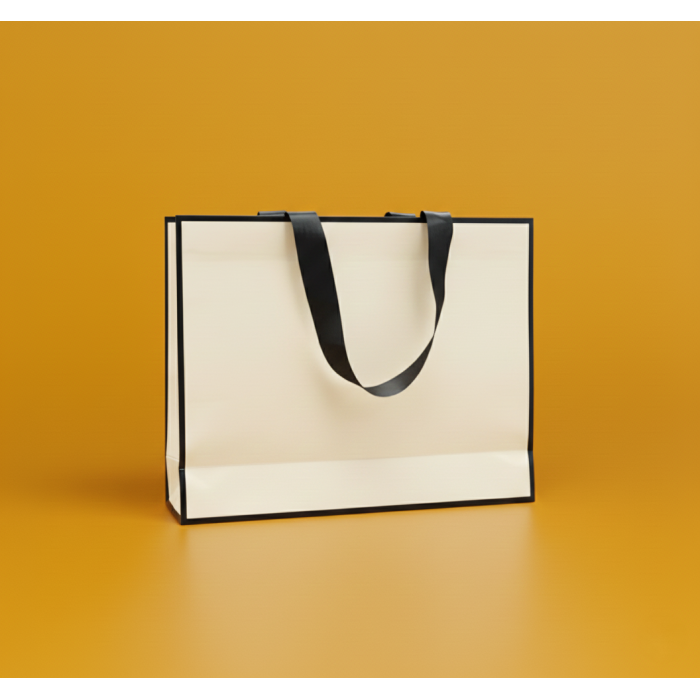 Пакет ламінований 25х35х9см КРЕМОВИЙ з кантом атласною стрічкою та логотипом