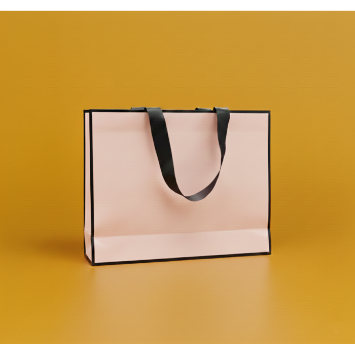 Пакет ламінований 25х35х9см РОЖЕВИЙ з кантом атласною стрічкою та логотипом