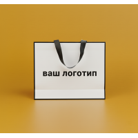 Пакет ламинированный 40х30х12см БЕЛЫЙ с кантом атласной лентой и логотипом