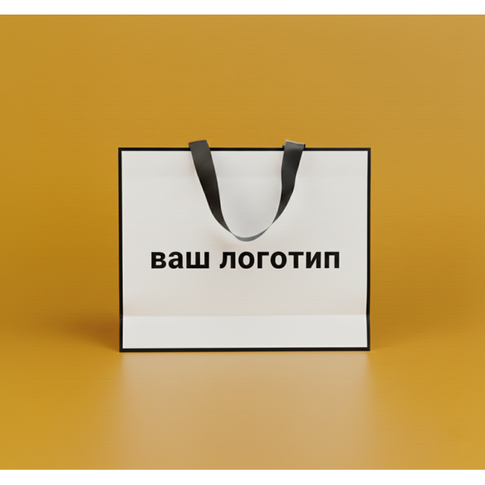 Пакет ламінований 40х30х12см БІЛИЙ з кантом атласною стрічкою та логотипом