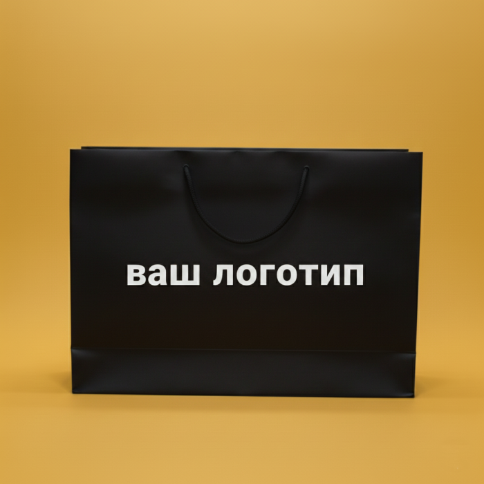 Пакет ламінований 35х25х9см ЧОРНИЙ з чорним шнурком та логотипом