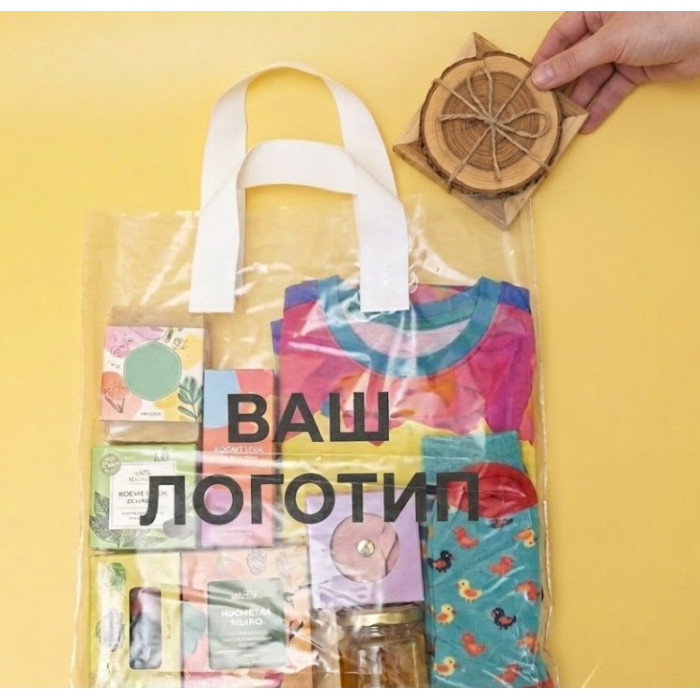 Torba pętelkowa 60mkm 30x35cm przezroczysta z białym uchwytem i Twoim logo
