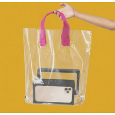 Torba pętelkowa 60mkm 30x35cm przezroczysta z różowym uchwytem i Twoim logo