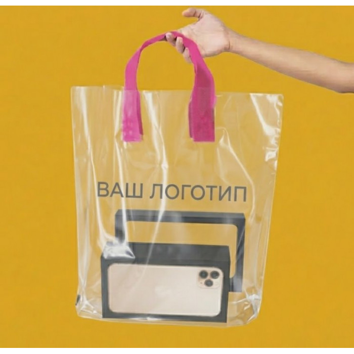Пакет Петля  60mkm 30х35см Прозорий З рожевою ручкою та Вашим Логотипом 