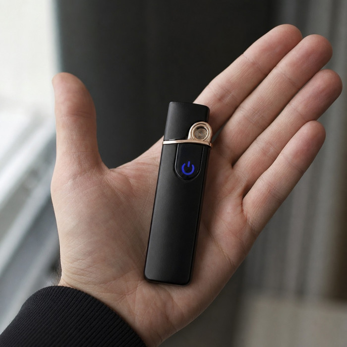 Запальничка USB електрична чорна матова тонка з гравіюванням