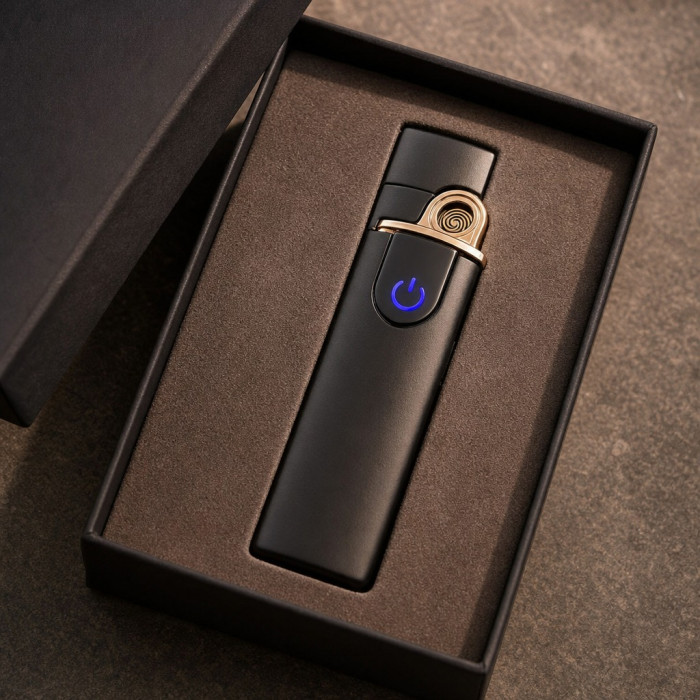 Запальничка USB електрична чорна матова тонка з гравіюванням