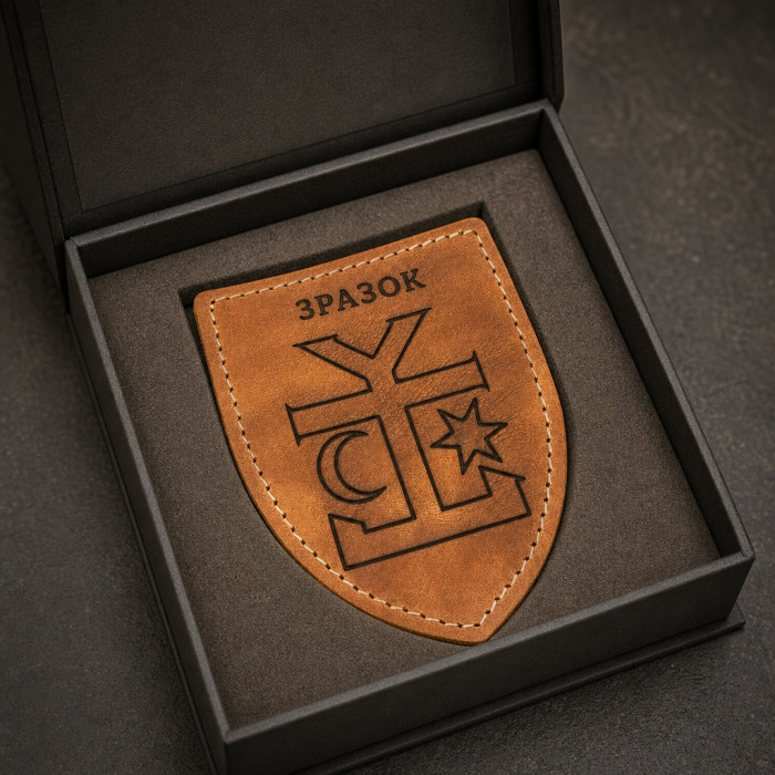 Шеврон шкіряний щит 9.5х7.5 см коричневий з гравіюванням